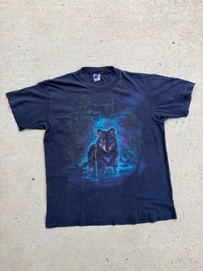 Vintage 90s GI Apparel Wolf Graphic T-Shirt Navy Blue Mythical Nature Shirt L